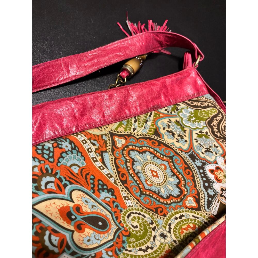 Boho Paisley Shoulder Bag Pink Faux Leather Trim Tassel Zip Purse Medium - Picture 3 of 10